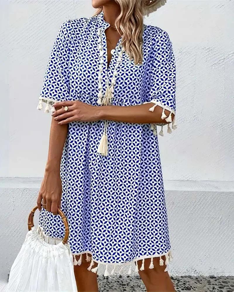 Geometric Print Tassel Tie Neck Half Sleeve Casual Mini Dress