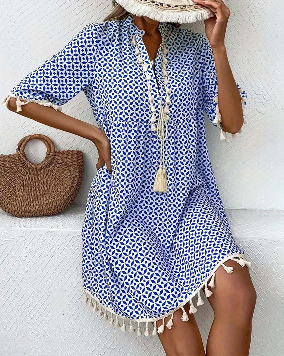 Geometric Print Tassel Tie Neck Half Sleeve Casual Mini Dress
