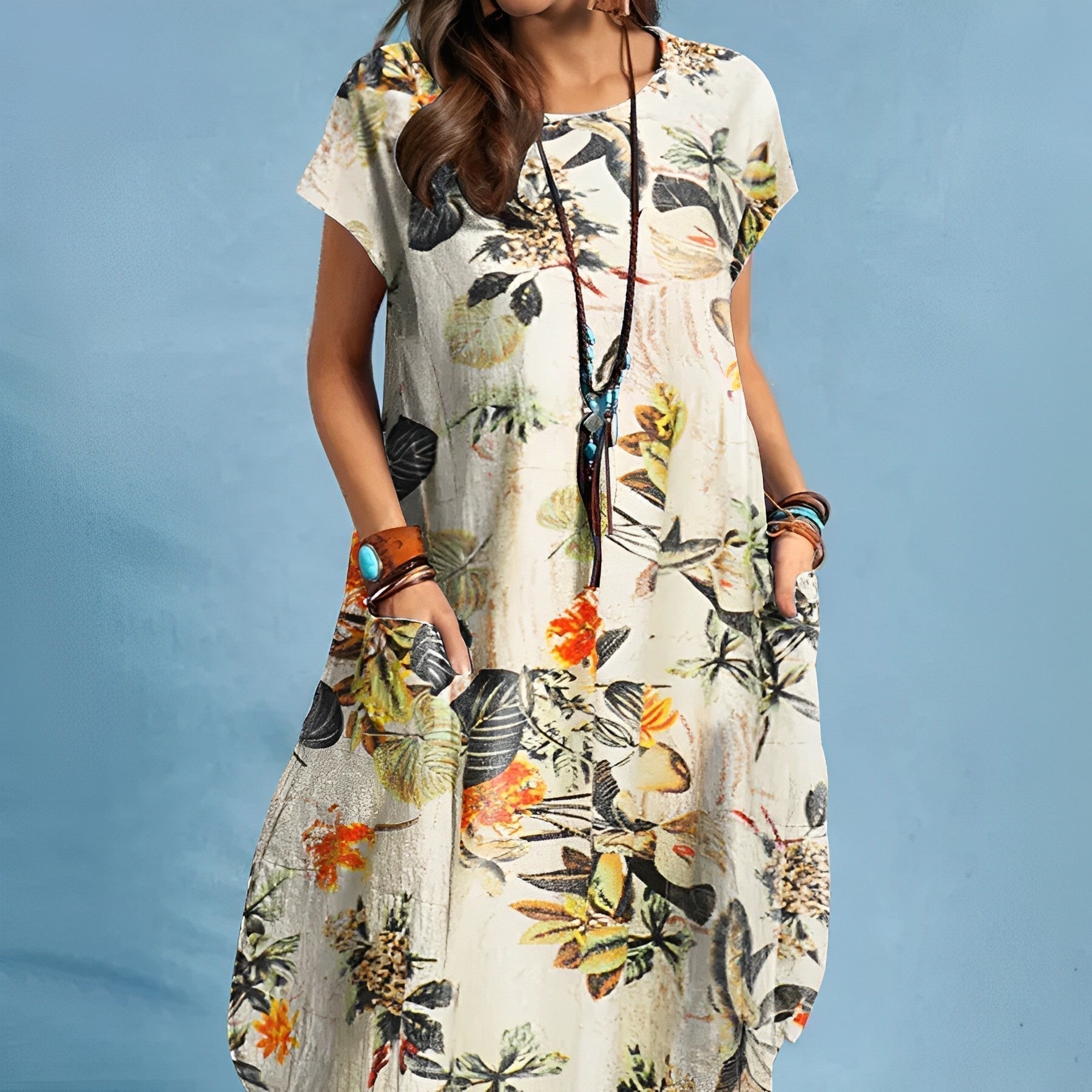 Floral Cotton Scoop Neck Short Sleeve Oversized Casual Midi Dress