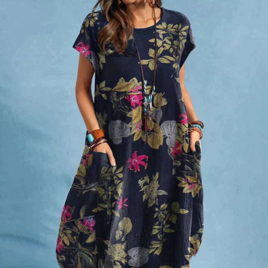 Floral Cotton Scoop Neck Short Sleeve Oversized Casual Midi Dress