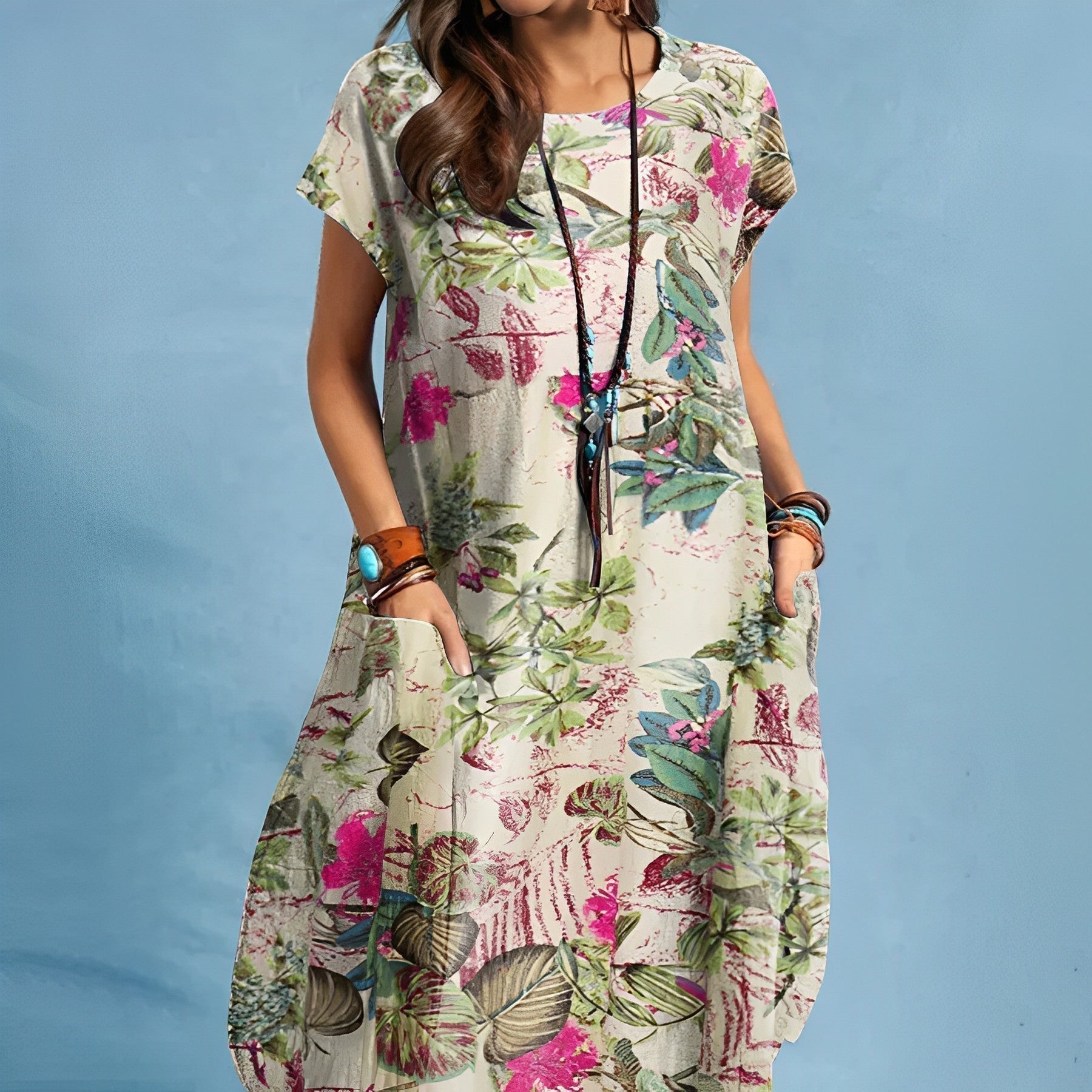 Floral Cotton Scoop Neck Short Sleeve Oversized Casual Midi Dress