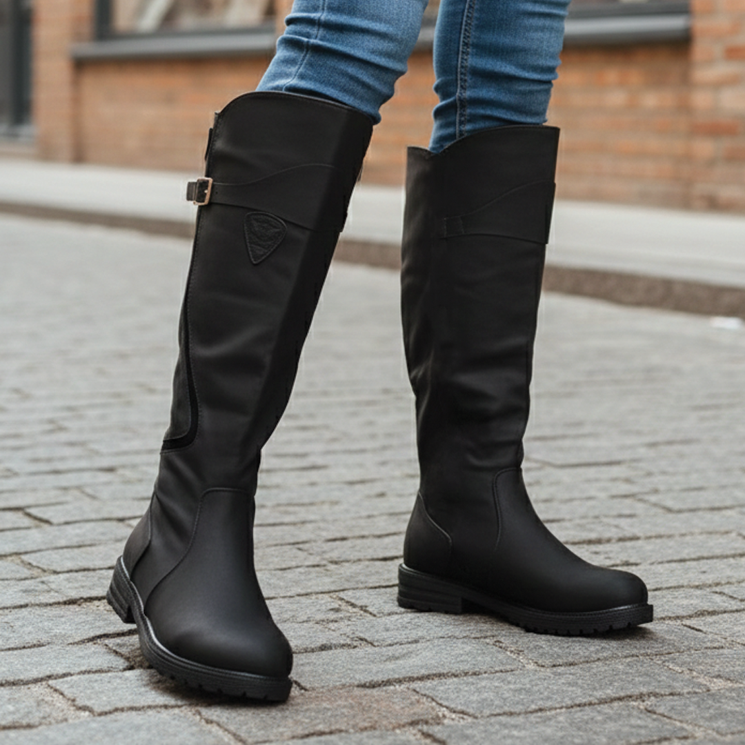 Leather Buckle Strap Knee High Riding Boots
