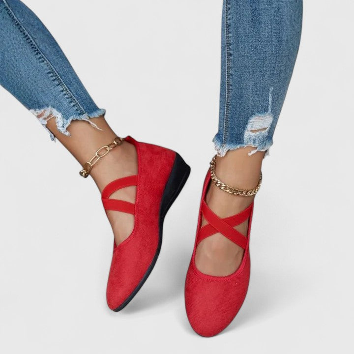 Suede Crossover Elastic Strap Closed Toe Wedge Sandal