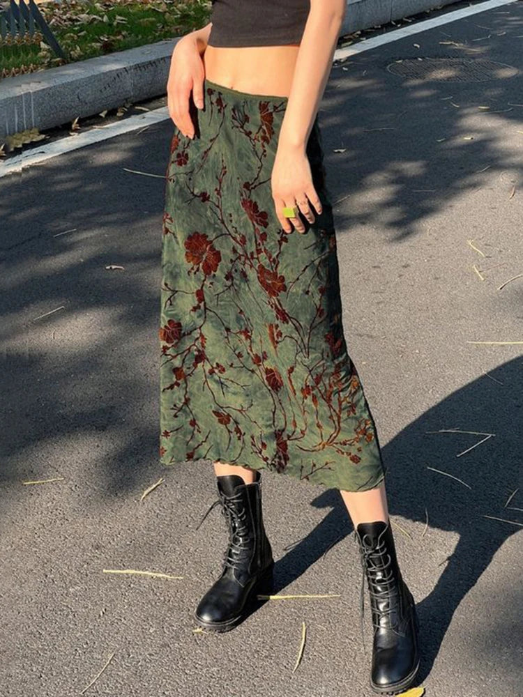 Fairycore Grunge Floral Printed Midi Skirt Y2K Vintage Skirt