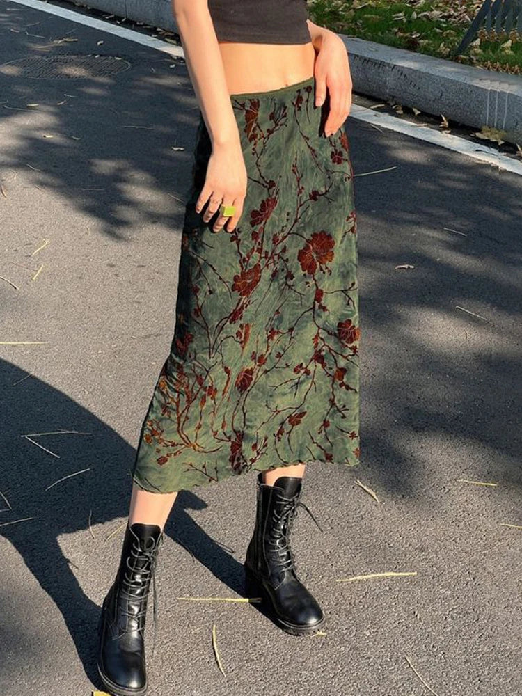 Fairycore Grunge Floral Printed Midi Skirt Y2K Vintage Skirt