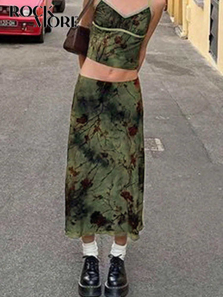 Fairycore Grunge Floral Printed Midi Skirt Y2K Vintage Skirt