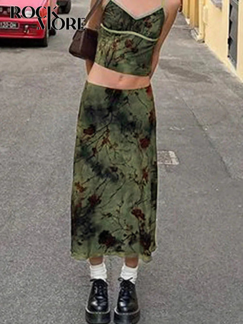 Fairycore Grunge Floral Printed Midi Skirt Y2K Vintage Skirt