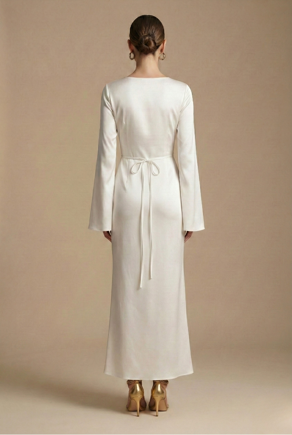 Satin Flare Sleeve Round Neck Column Maxi Dress - Formal Evening Gown