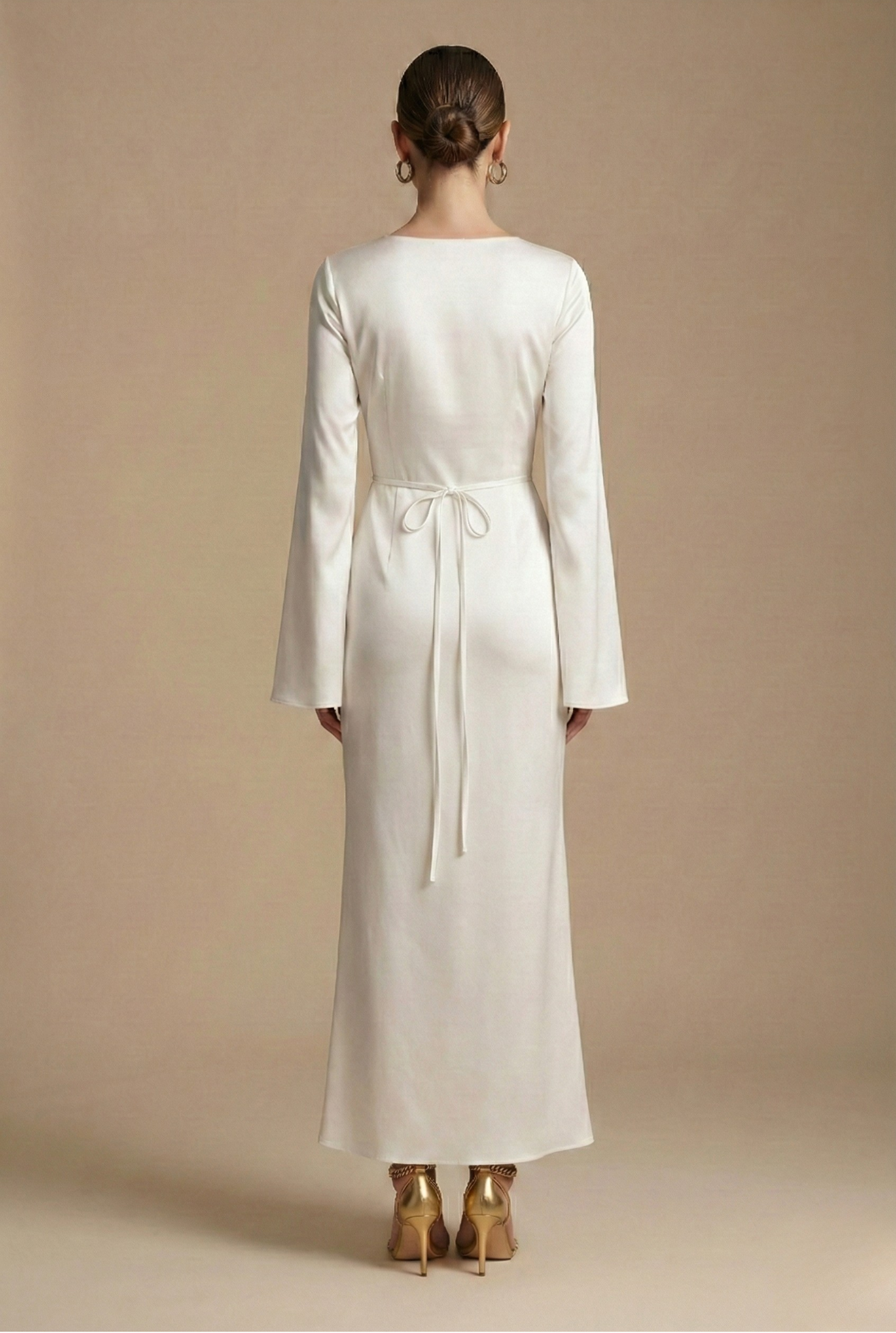 Satin Flare Sleeve Round Neck Column Maxi Dress - Formal Evening Gown
