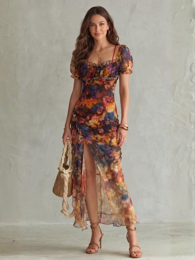 Floral Ruffle Puff Sleeve Ruched Side Split Bodycon Midi Dress