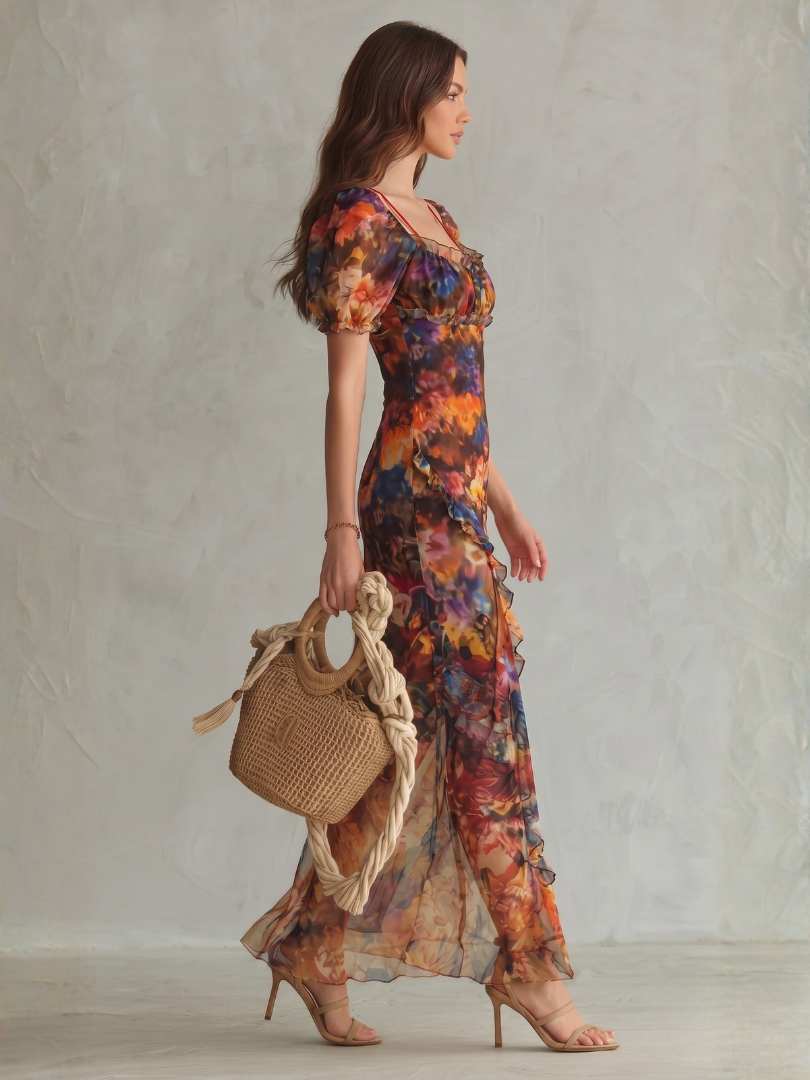 Floral Ruffle Puff Sleeve Ruched Side Split Bodycon Midi Dress