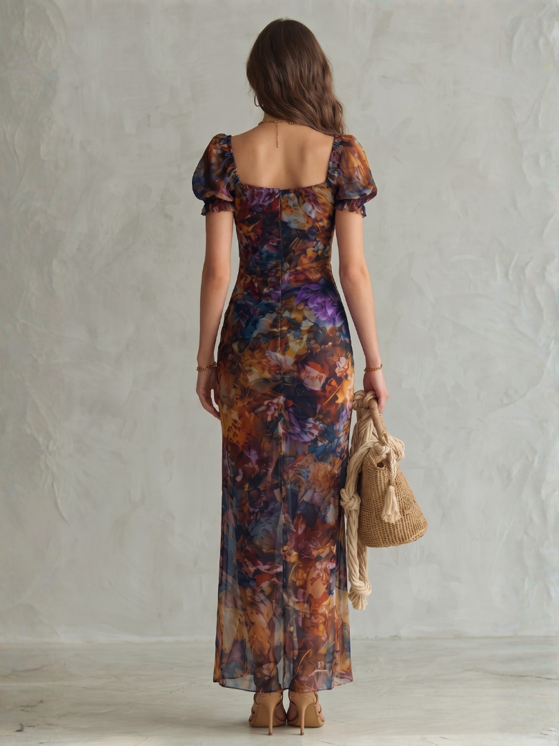 Floral Ruffle Puff Sleeve Ruched Side Split Bodycon Midi Dress