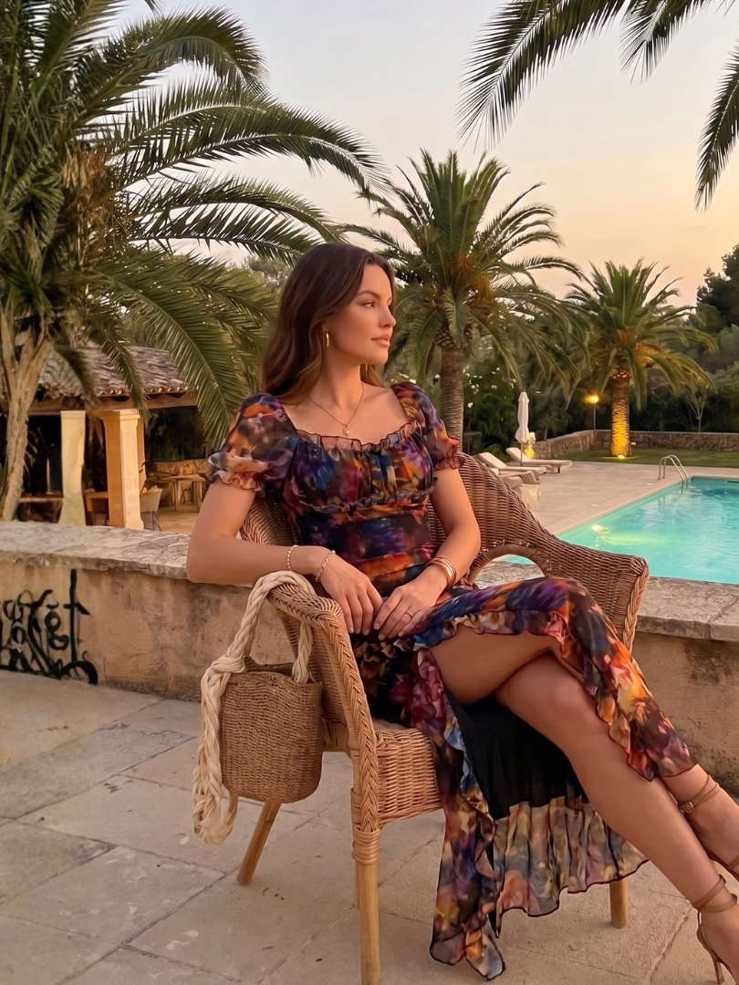 Floral Ruffle Puff Sleeve Ruched Side Split Bodycon Midi Dress