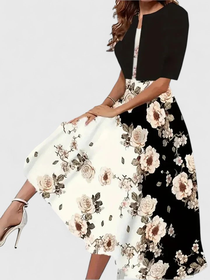 Floral Print Colorblock Notch Neck A Line Midi Dress