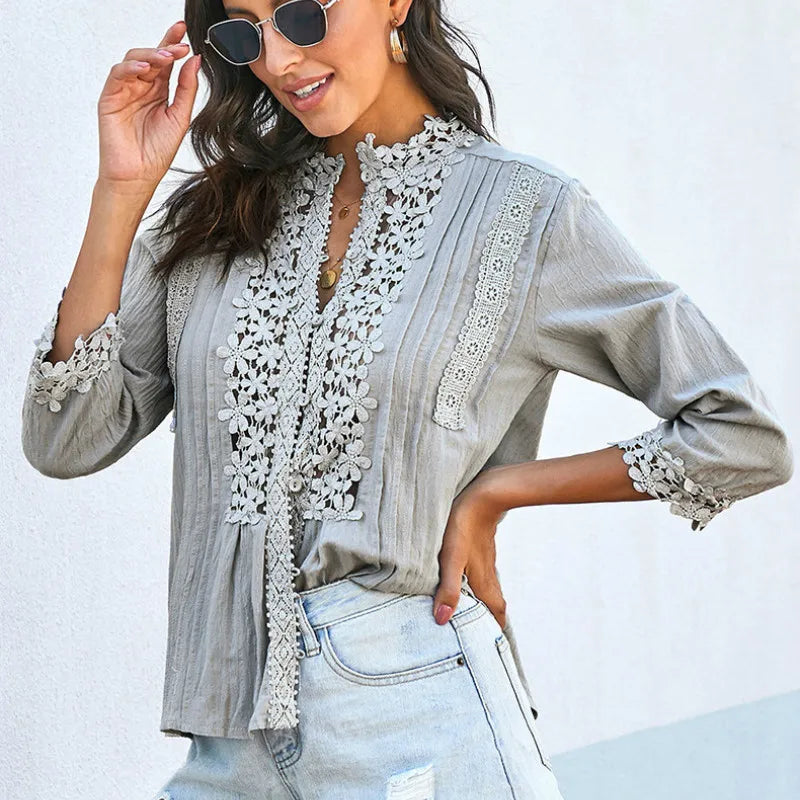 3/4 Sleeve Cotton Button V-Neck Retro Boho Top