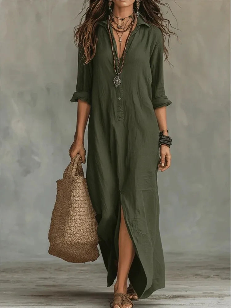 Collared Button Split Hem Casual Maxi Dress