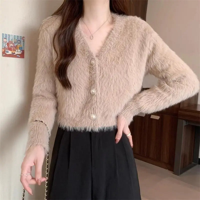 Luminous Sleeve V-Neck Monochrome Button-Up Knit Cardigan Coat – view 3