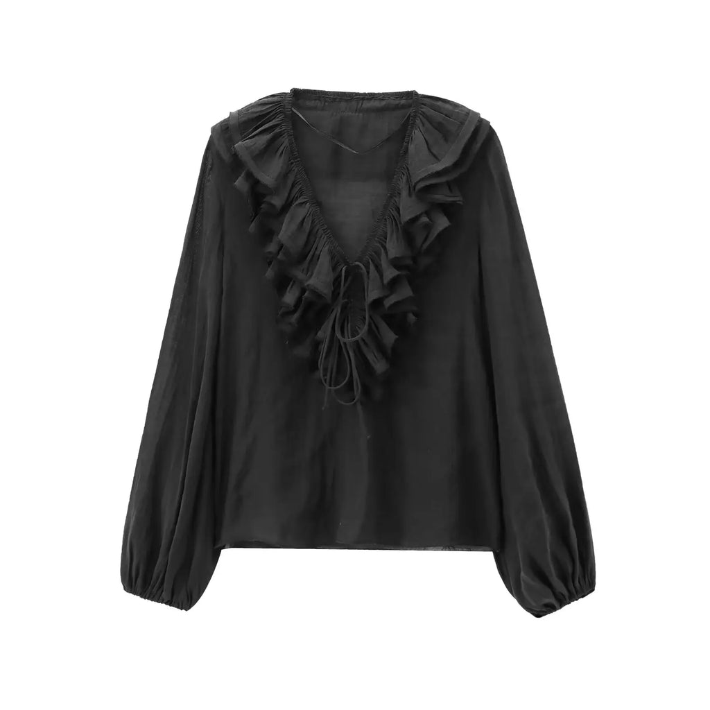 Frills Profound Plunge Lace-Up Baggy Boho Blouse