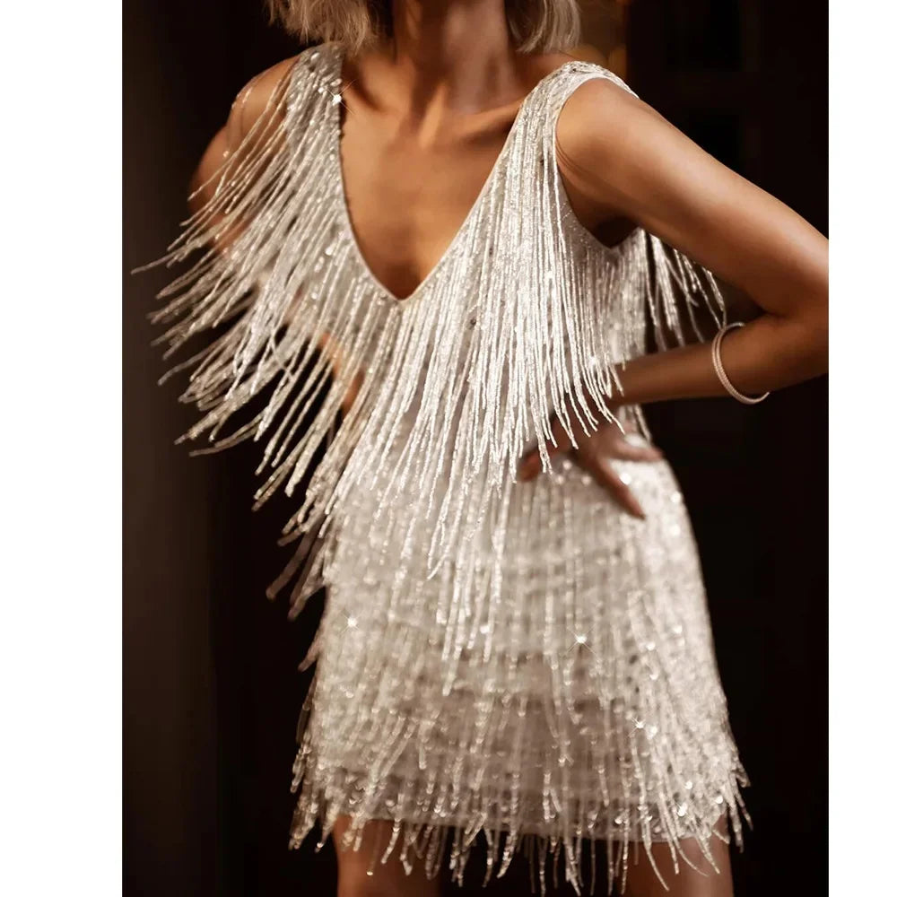 Sequin Fringe Tiered V Neck Sleeveless Party Mini Dress