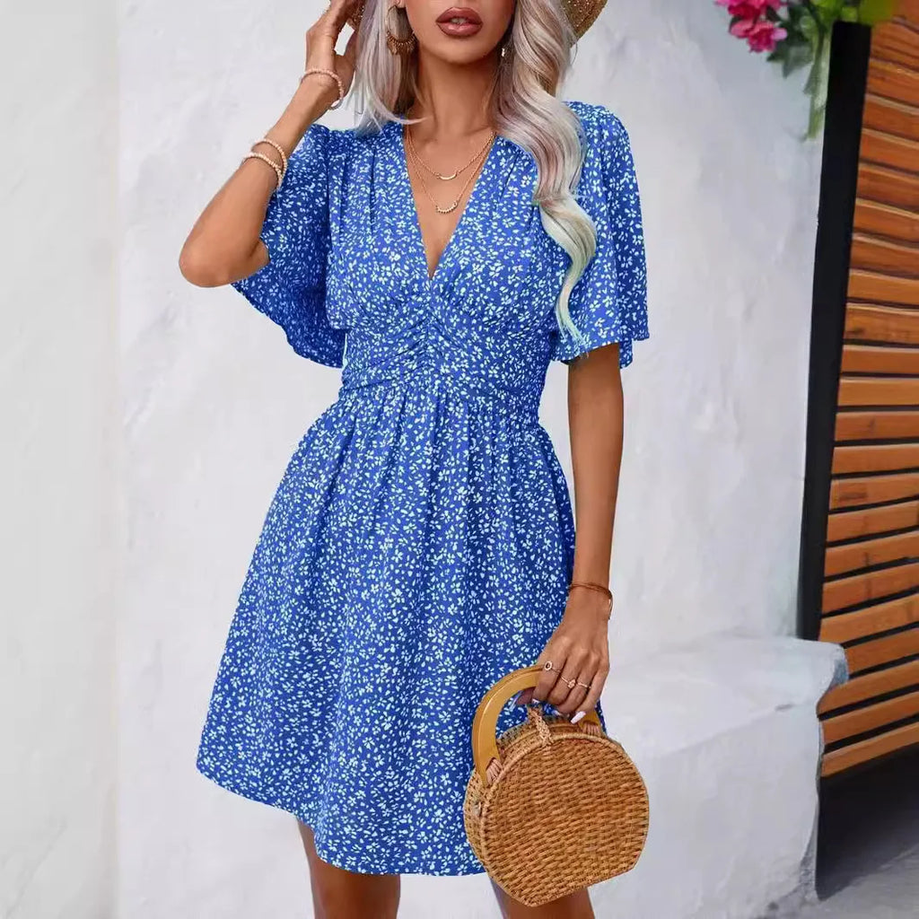 Tall Waisted V-neck Ruffled Floral Dress