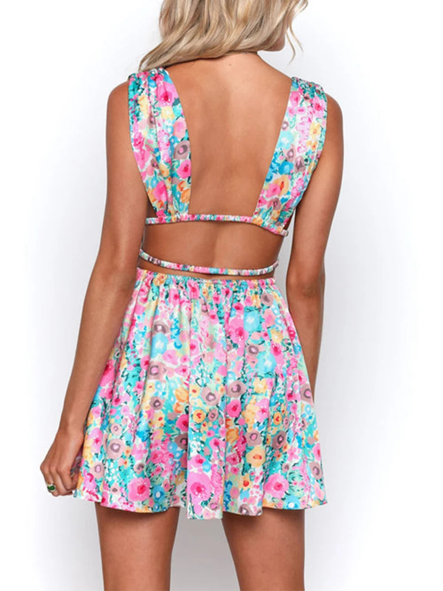 Sleeveless Floral Print Deep V Mini A-Line Flower Dress