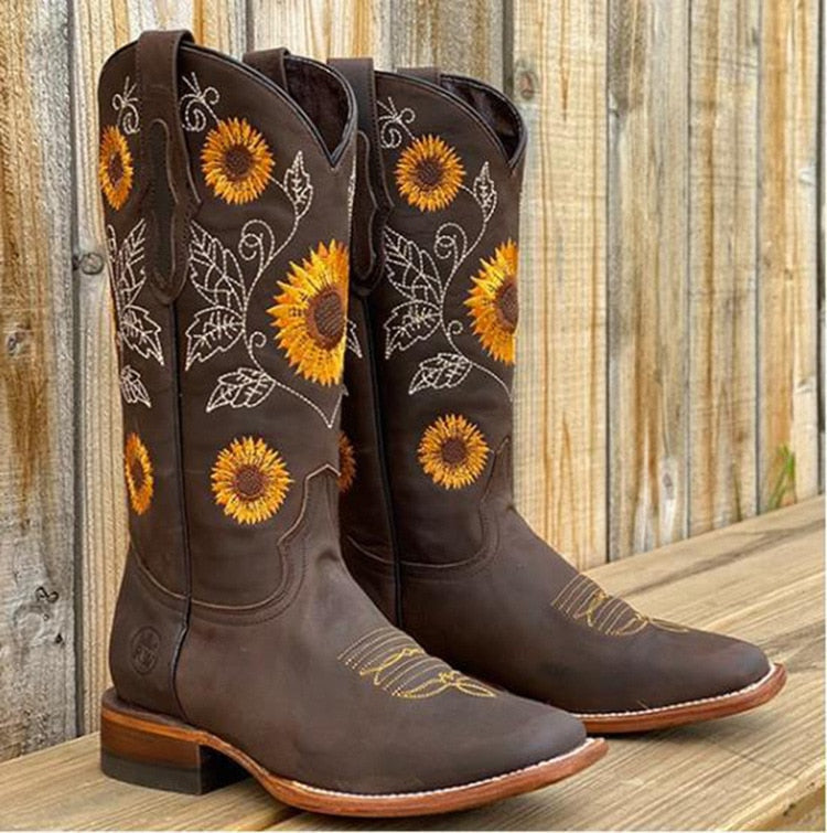 Sunflower Embroidered Scallop Top Pointed Toe Western Boot