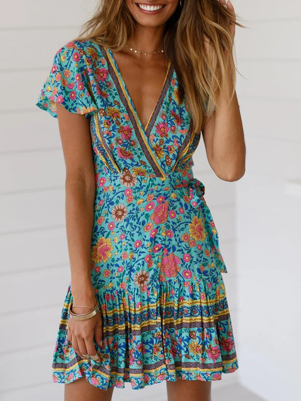 Verdant Flowery Low-cut Bohemian Sun Dress