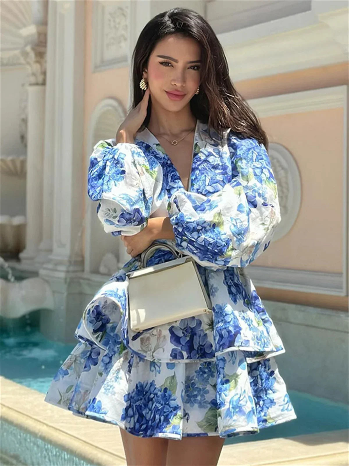 Flower V-Neck Frill Mini Flower Dress