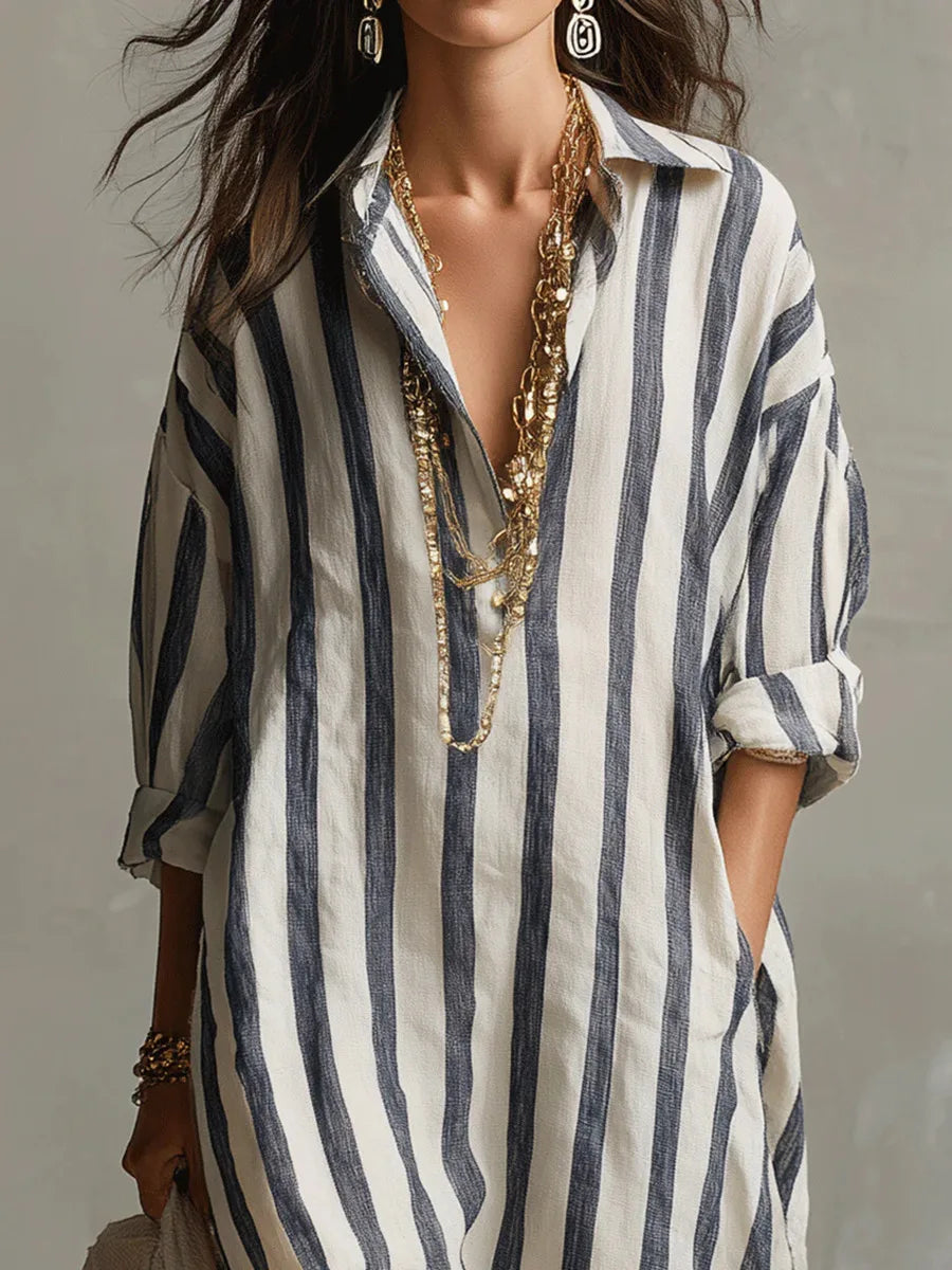 Striped Oversized Linen Shirt Casual Maxi Dress