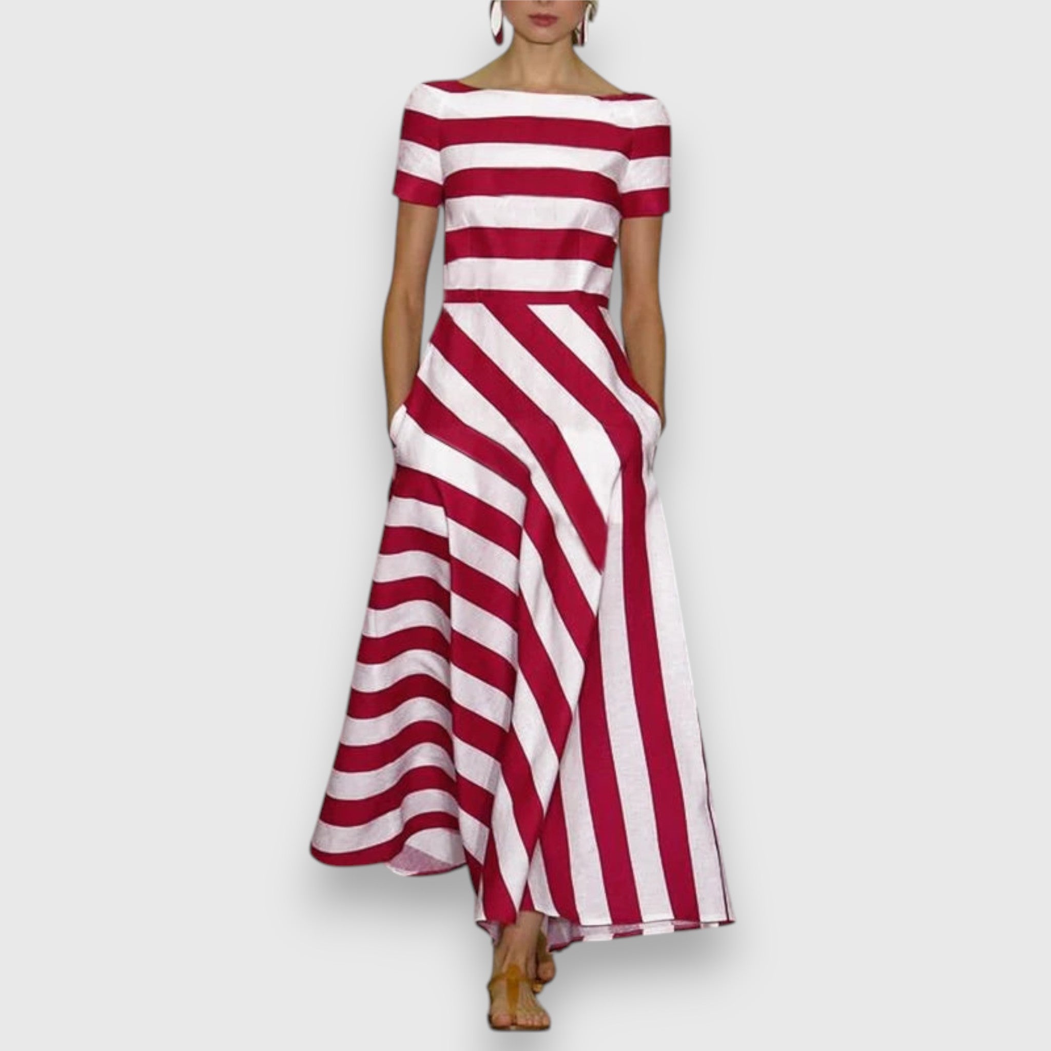 Striped Bateau Neck Short Sleeve Pocket A Line Maxi Dress