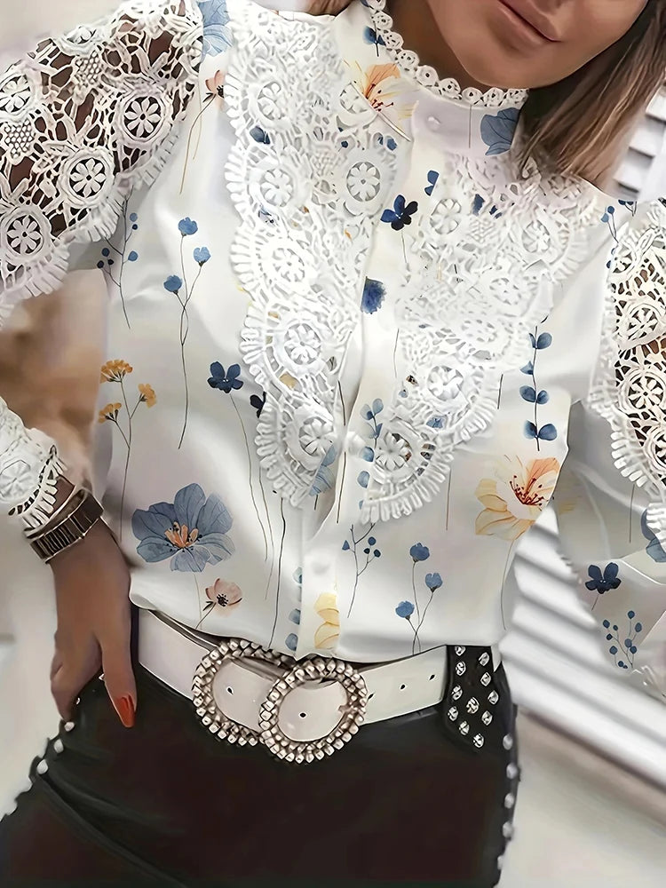 Lace Patchwork Hollow Out Button-Up Professional Blouse
