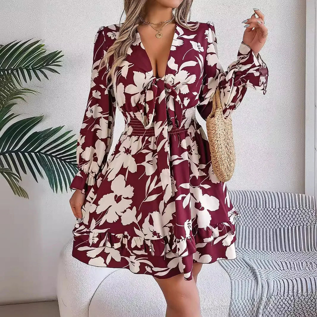 Fall Flounced Sleeve Flowered Dress
