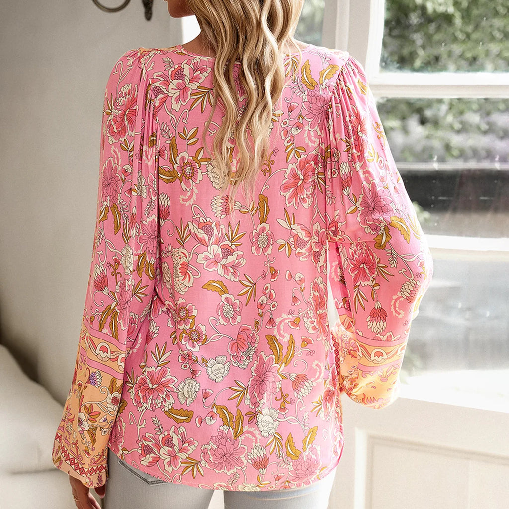 Soft Rayon Floral Printed Extended Sleeve Seaside Boho Top