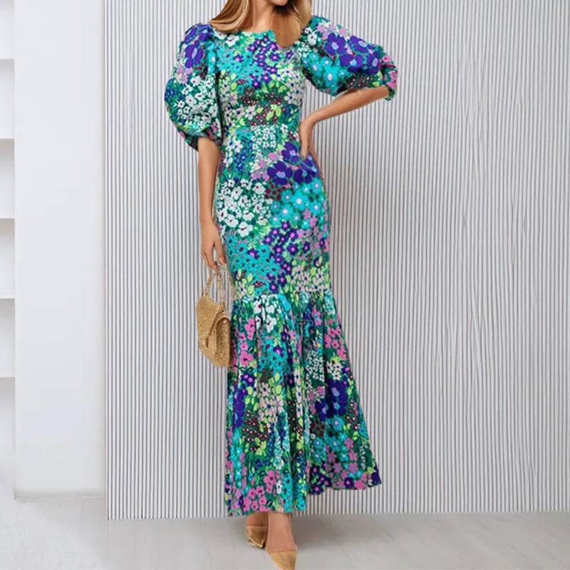 Stylish Azure Floral Lantern Sleeve Dress