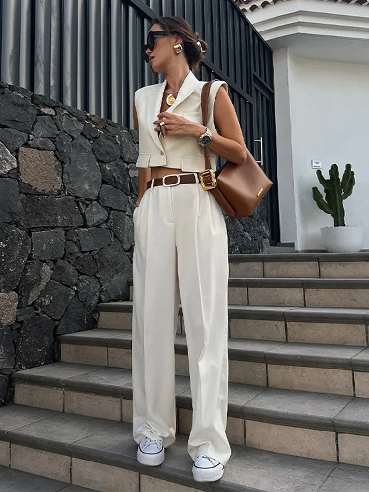 Woman wearing Sleeveless Deep-Neck Wide-Leg Set from Hicosy