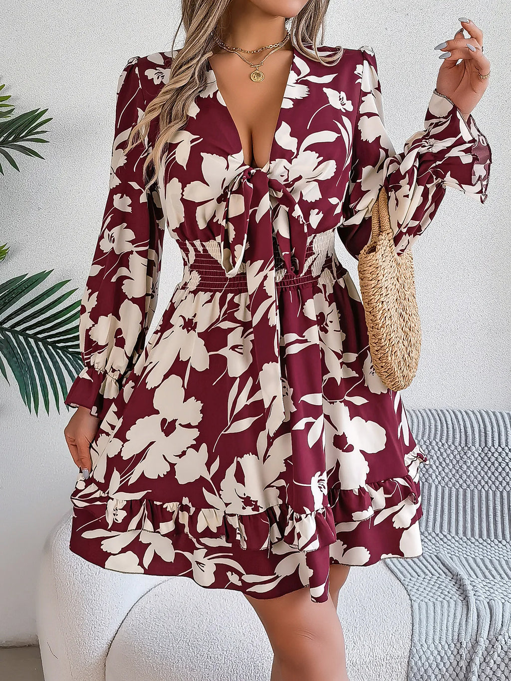 Fall Flounced Sleeve Flowered Dress