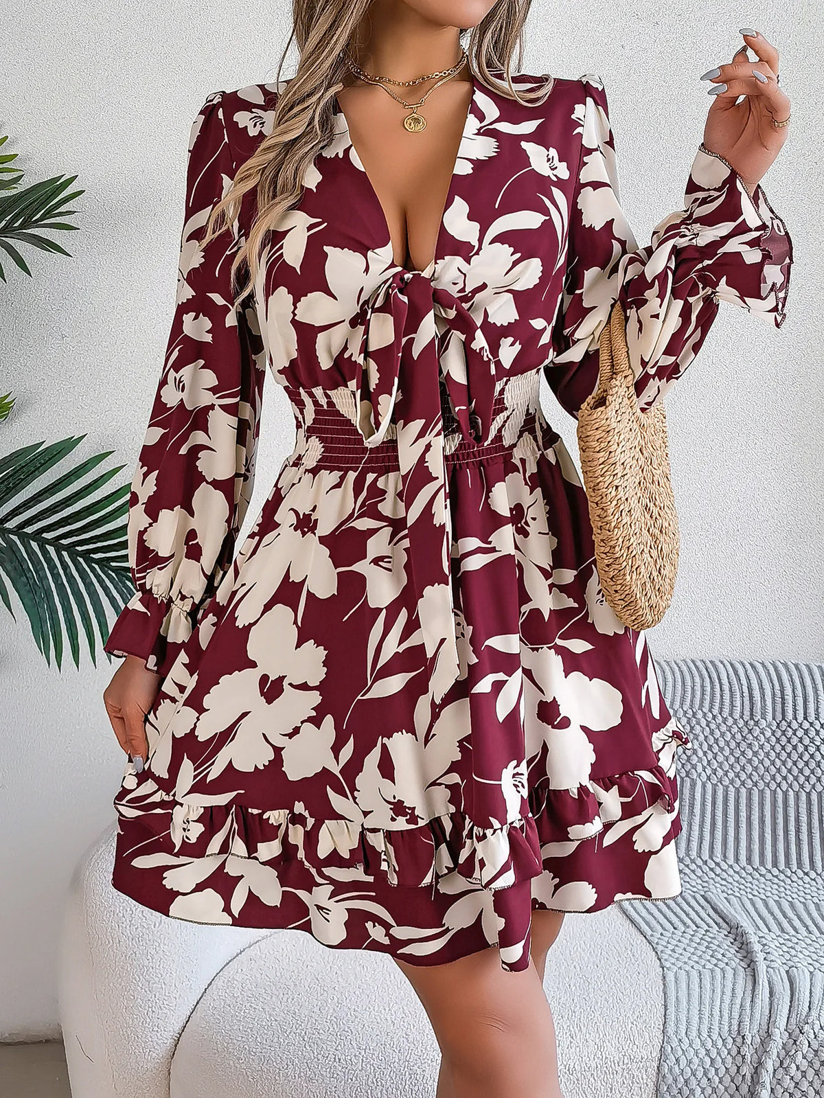Fall Flounced Sleeve Flowered Dress