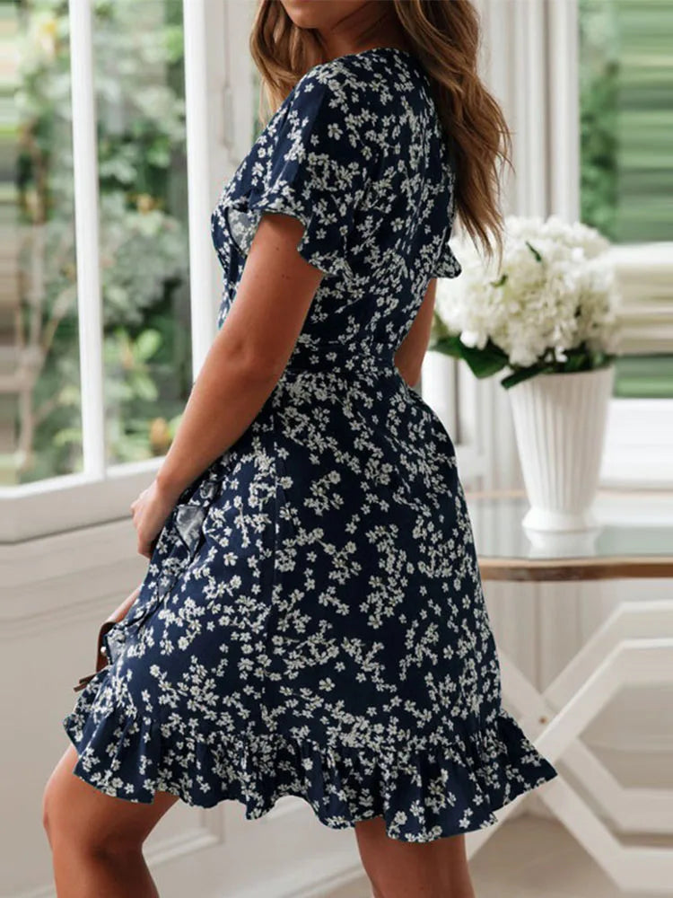 Eclectic Flowery Frills V-neck A-line Mini Floral Dress