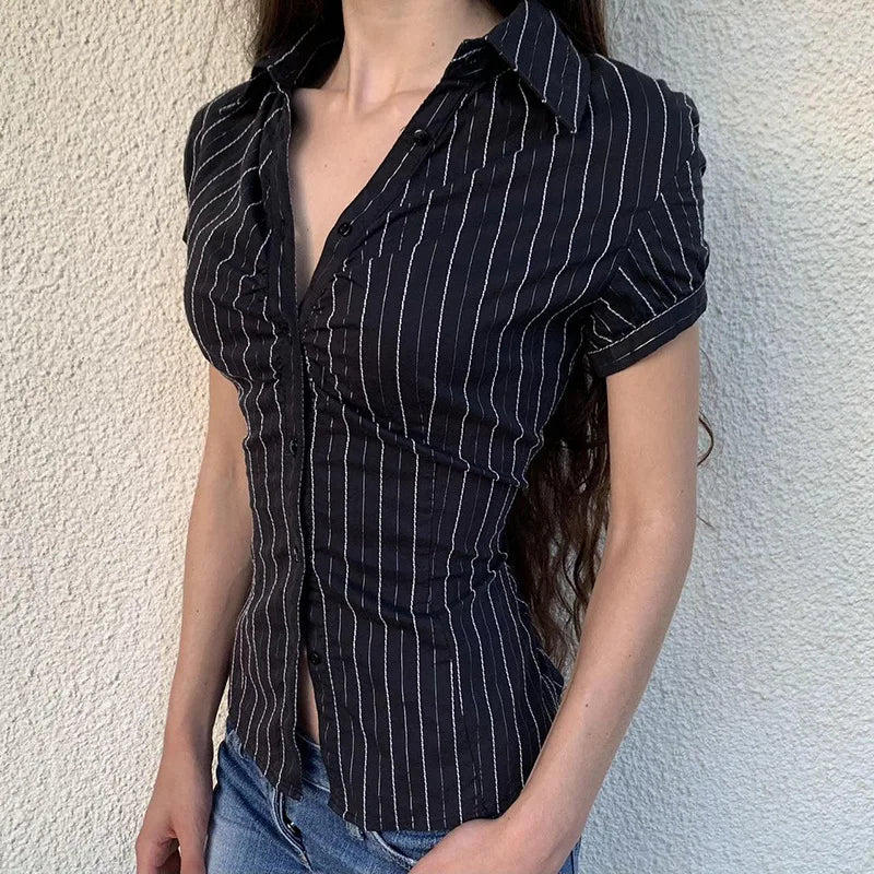 Patterned French Button-Up Fold-down Collar Blouse