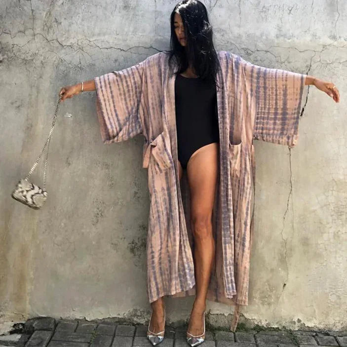 Verdant Patterned Satin Kimono Robe Bohemian Wrap