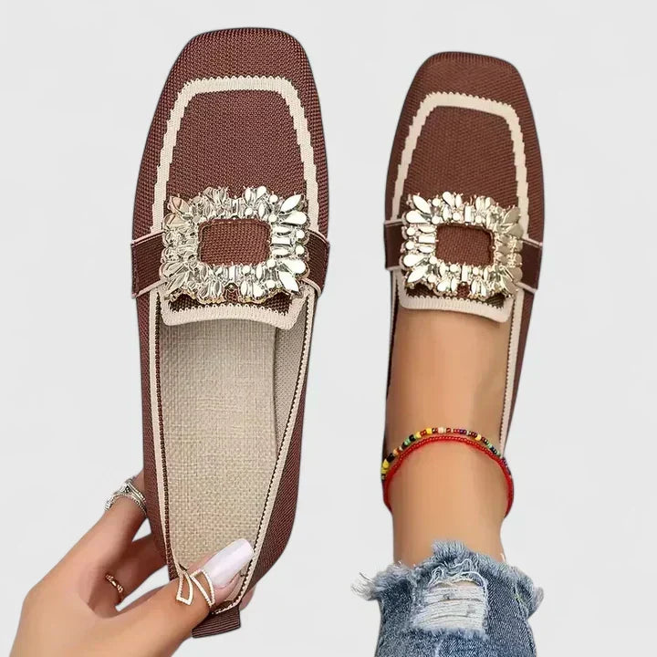 Jewel Buckle Contrast Trim Knit Square Toe Loafer