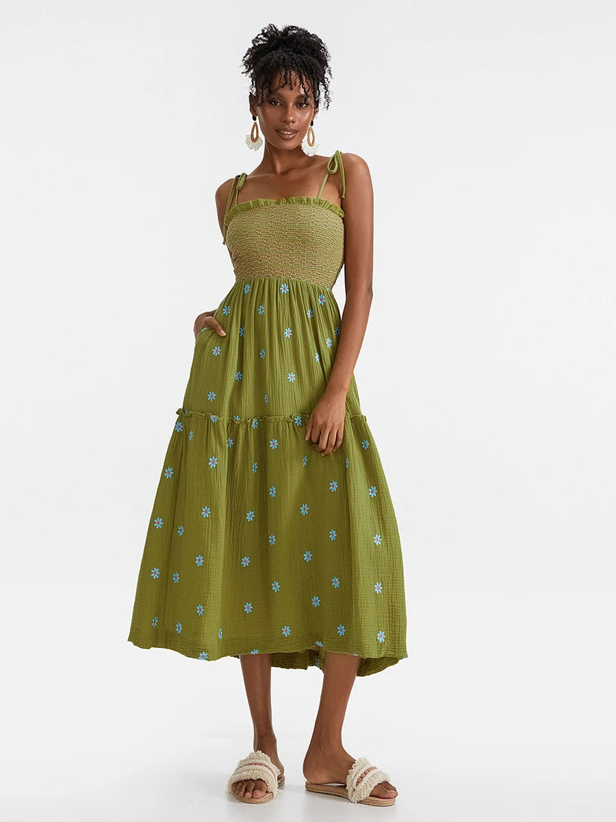 Bohemian Summer Bloom Embroidery Tie-Up Shoulder Shirred A-Line Beach Dress