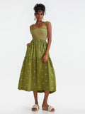 Bohemian Summer Bloom Embroidery Tie-Up Shoulder Shirred A-Line Beach Dress