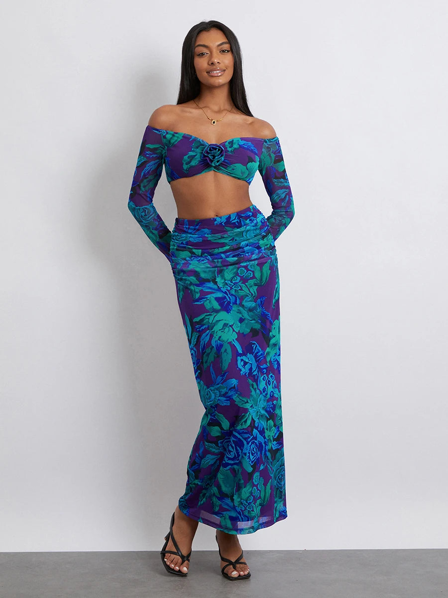 Off-Shoulder Crop Top High Waist Long Floral Skirt

Modified Title: Off-The-Shoulder Cropped Blouse Tall Waist Lengthy Flowered Skirt