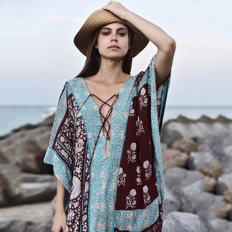 Soft Floral Pattern Loose Dress Bohemian Outerwear