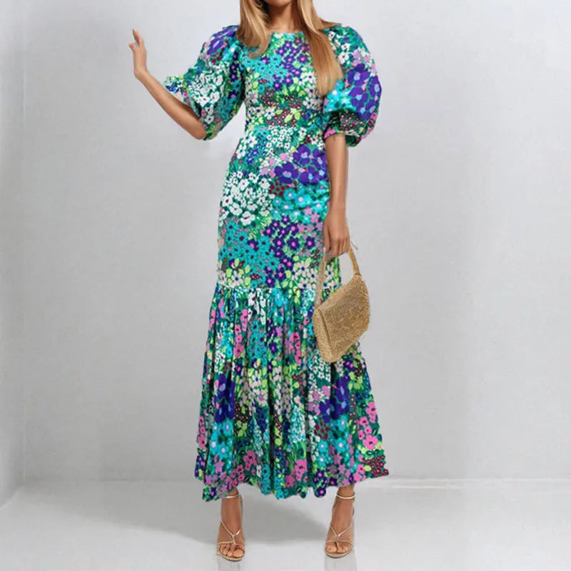 Stylish Azure Floral Lantern Sleeve Dress