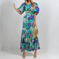 Stylish Azure Floral Lantern Sleeve Dress