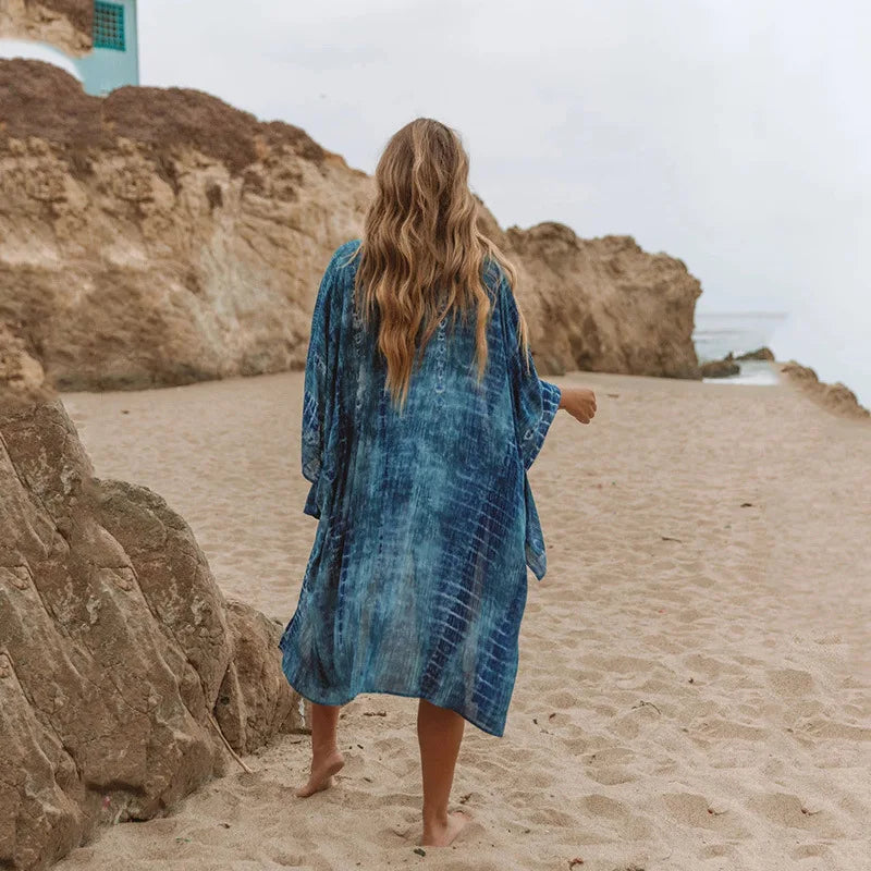 Navy Cotton Pattern Bohemian Kimono Swimsuit Cover Up