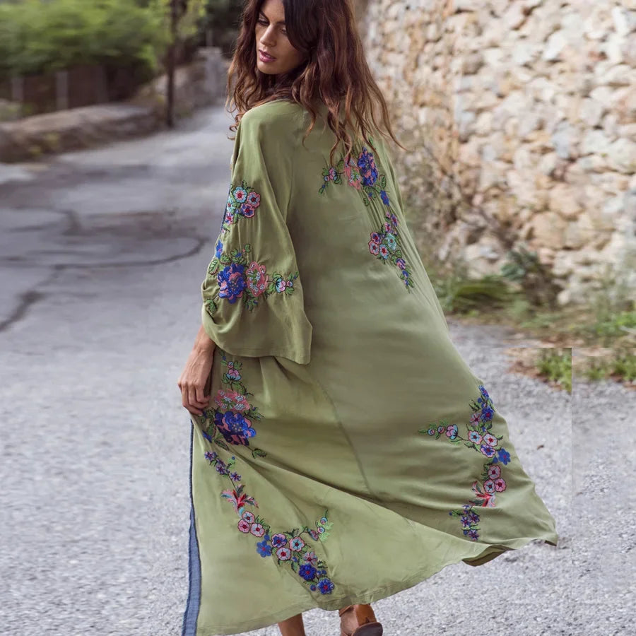 Extended Flower Stitch Beach Cover-Up Bohemian Cardigan