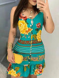 Deep-neck Buttoned Design Flower Print Dress